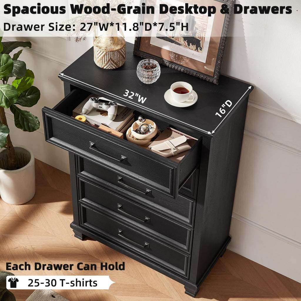 Farmhouse 5 Drawer Dresser, Black