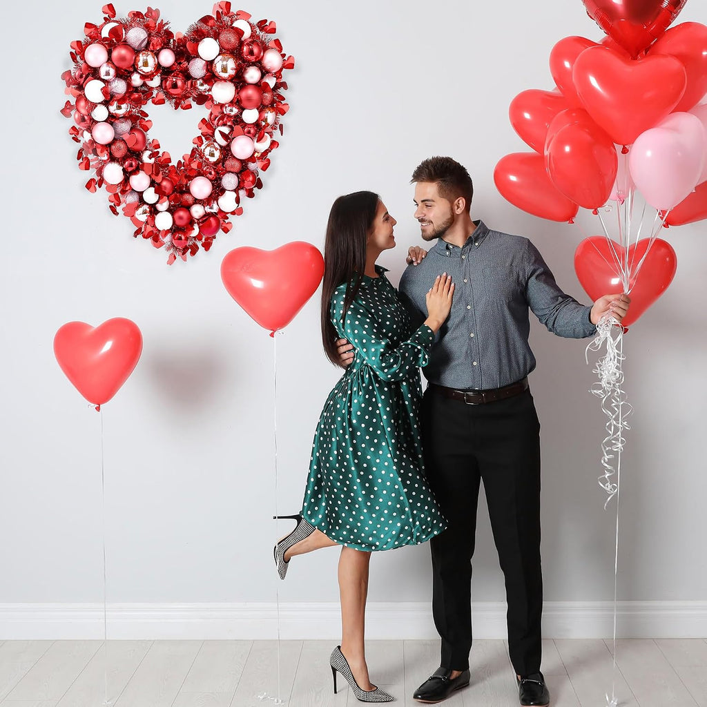 17.7'' Heart Shaped Wreath Red Pink White Heart Wreath with Tinsel Red Balls Decorations for Front Door Wedding Party