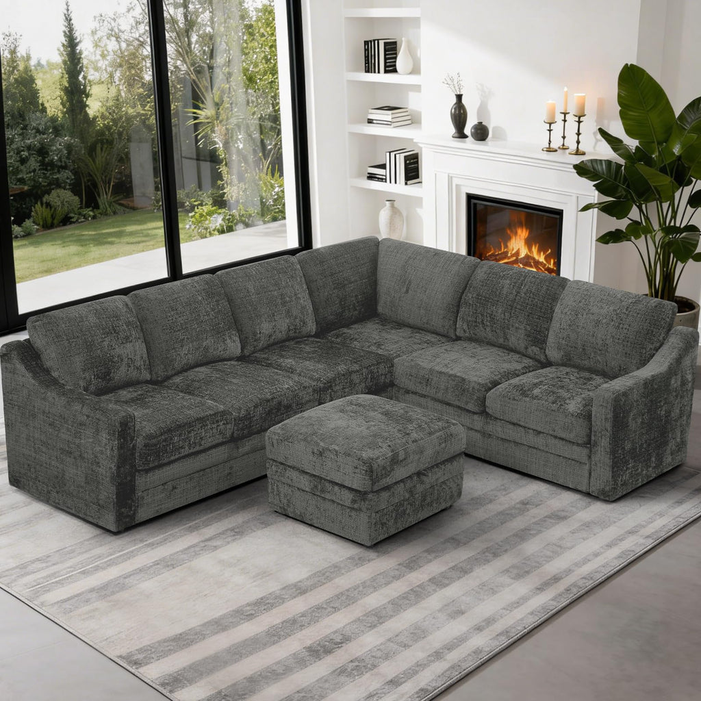 115 Inches Chenille Sectional Sofa with Storage Ottoman, Grey