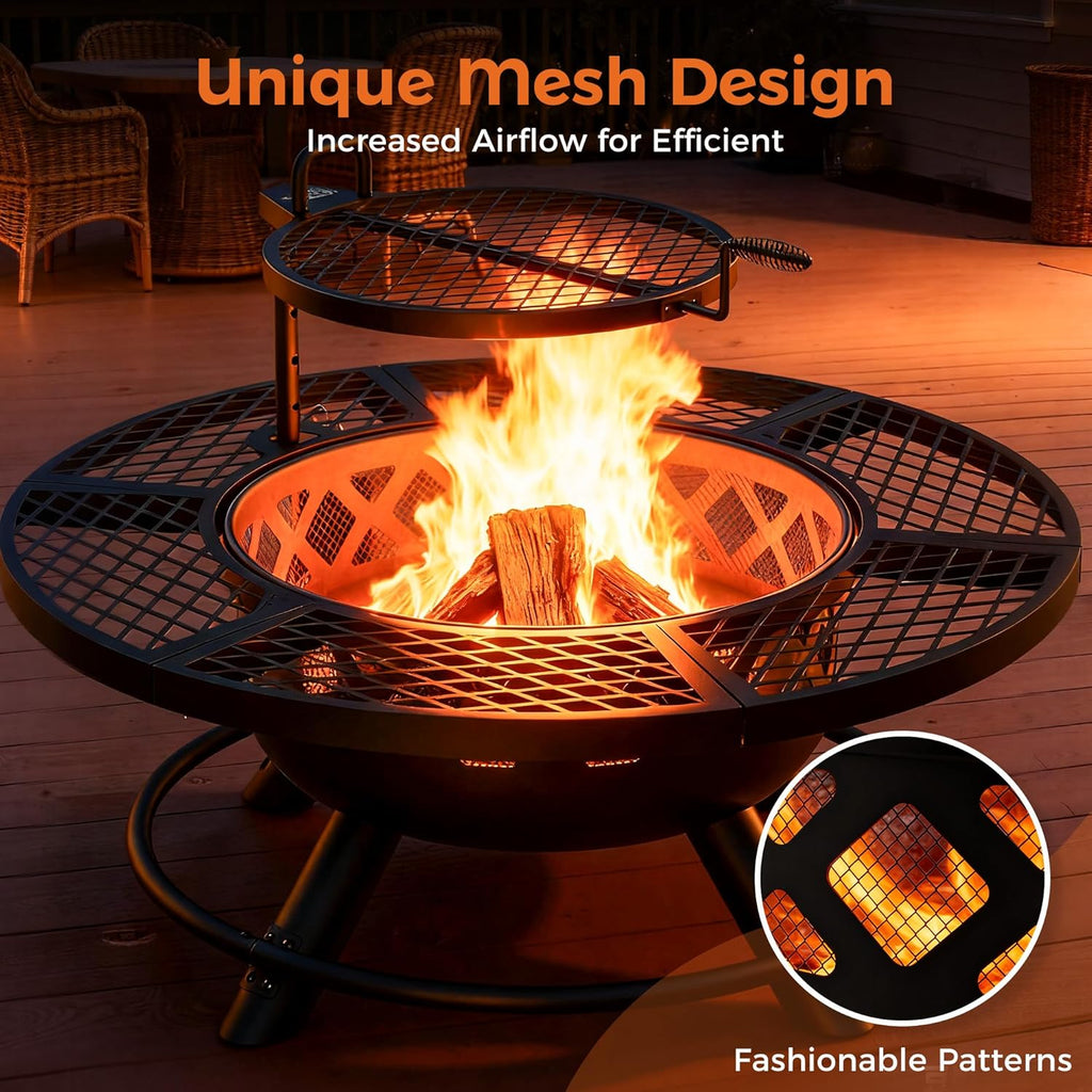 Fire Pit with Poker, 40 inch Outdoor Fire Pit Patio, Wood Burning Firepits for Outside with Grill