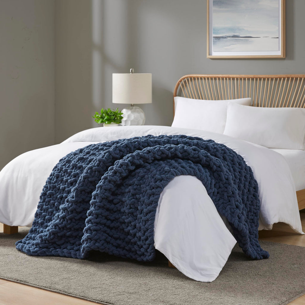 Chenille Chunky Knit Throw Blanket, 50 x 60", Navy Blue