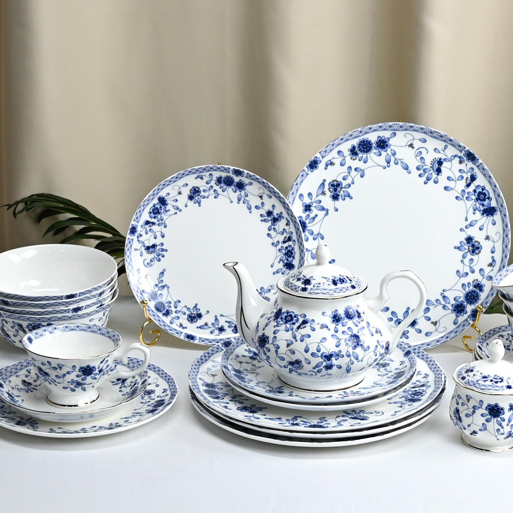 Fine Bone China Dinnerware Set, 12-Piece Blue and White Porcelain Dinnerware Set, Plates and Bowls Sets, Service for