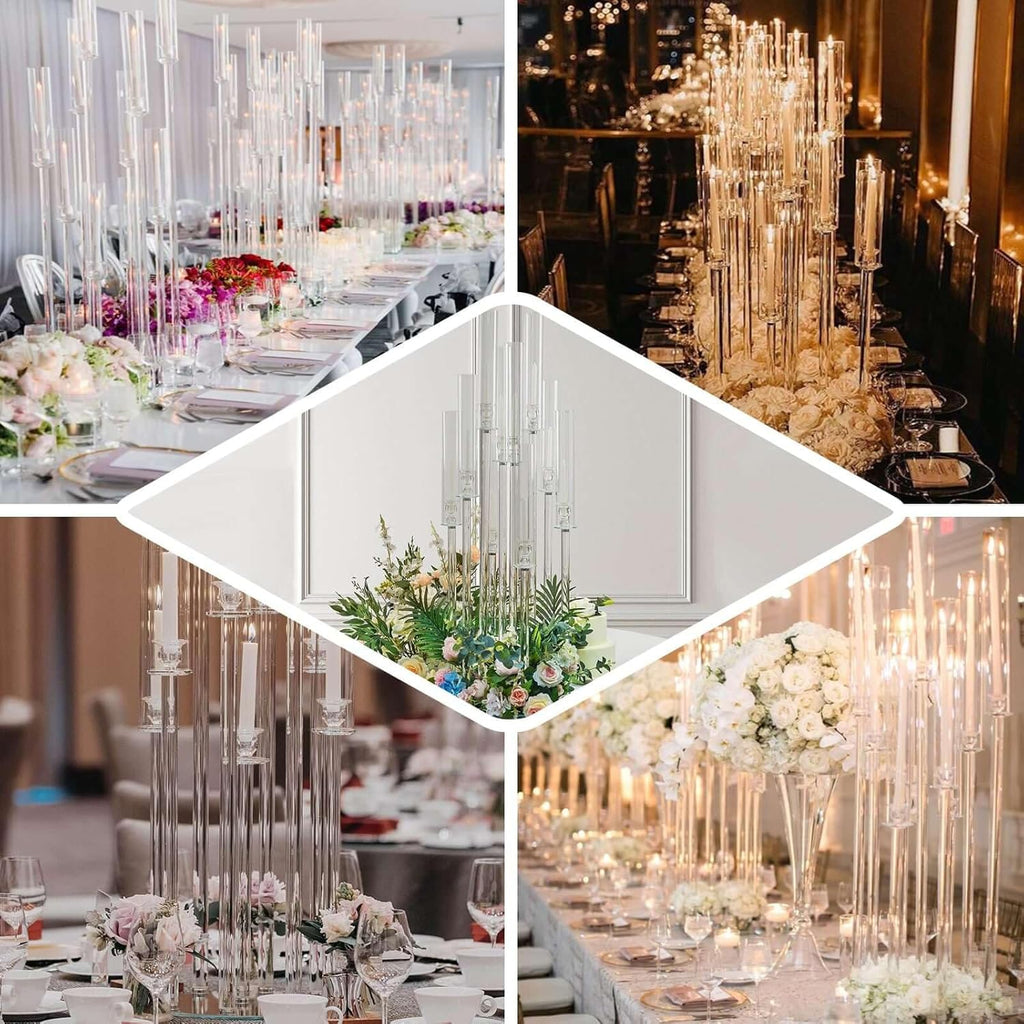 33" Tall - 7 Arms Clear Crystal Cluster Round Candelabra, Pillar Candle Holders with Mirror Base - Perfect