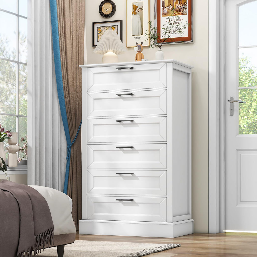 White 6 Drawer, 55 Inch Tall White, Modern Farmhouse Style Chest of Drawers Living Room, Wood Rustic Tall Clothing