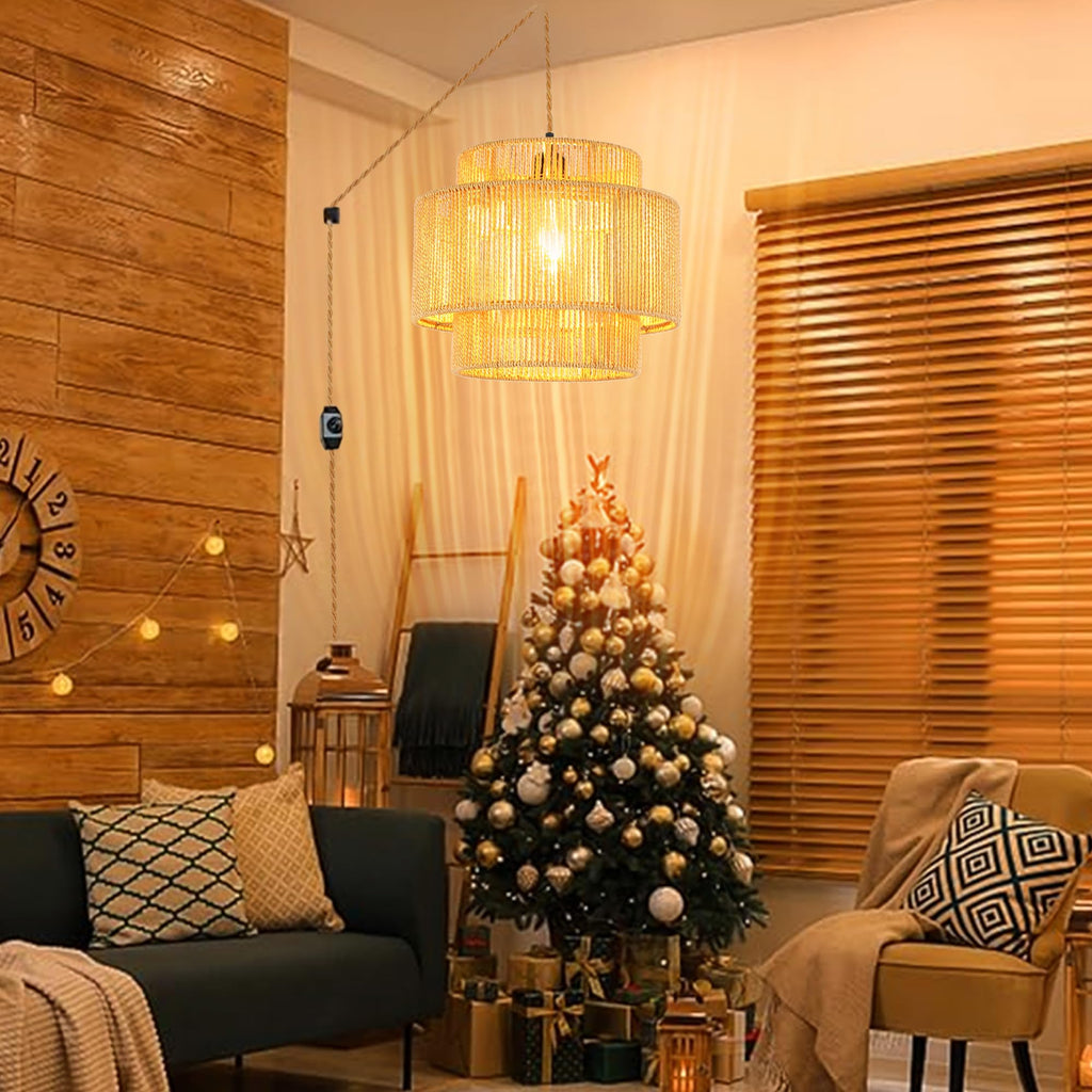 Plug in Pendant Light Hanging Lights with Plug in Cord Hanging Lamp Boho Rattan Dimmable Wicker Bamboo Woven Shade