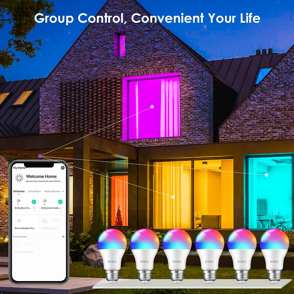 Smart Light Bulbs 8Pack, WiFi & Bluetooth, RGB Color Changing, 100W Equivalent, Dimmable, A19 E26 110V, Compatible