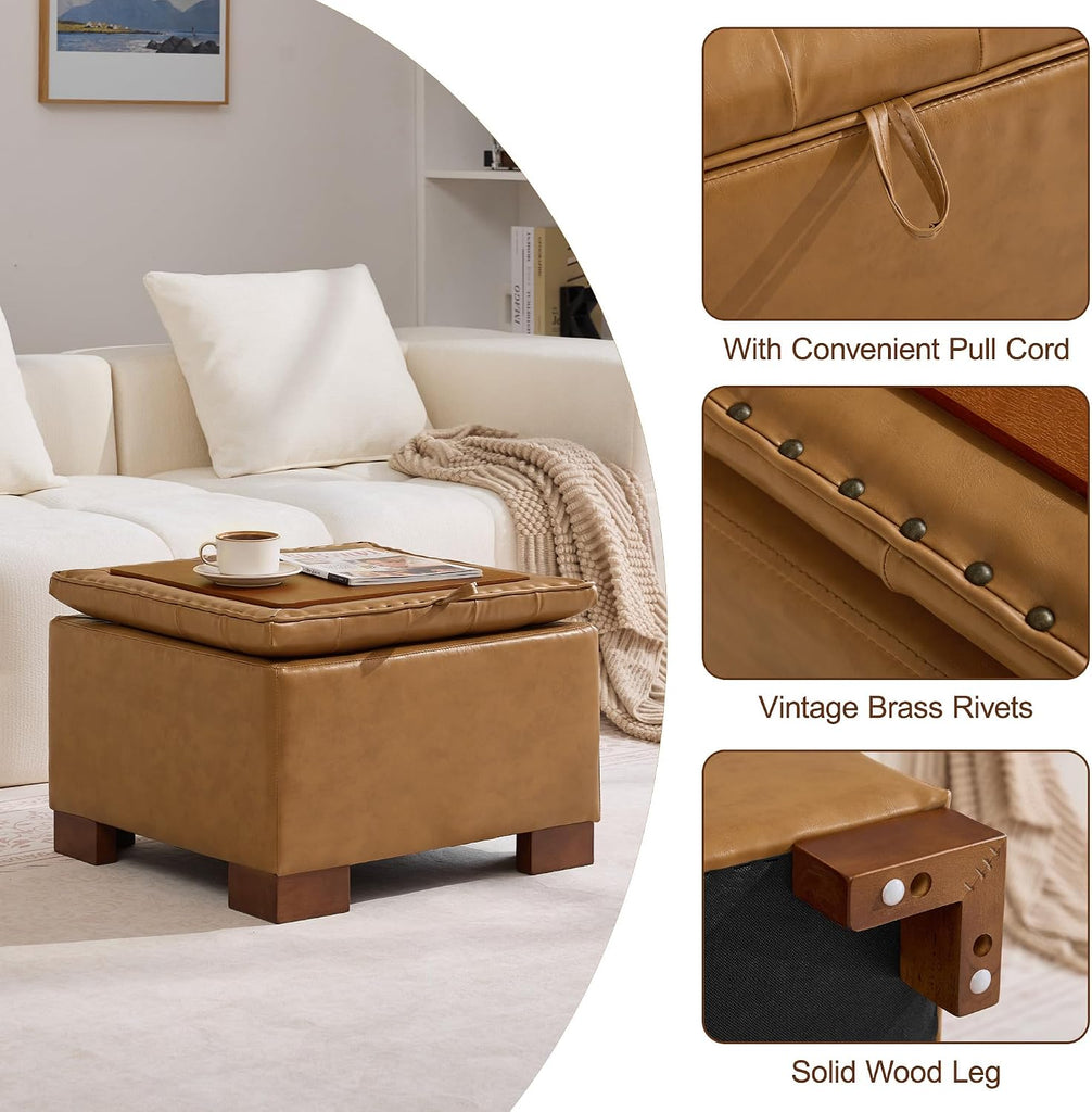 24" Faux Leather Square Storage Ottoman with Wooden Tray, Modern Tufted Button Footstool Coffee Table, Upholstered