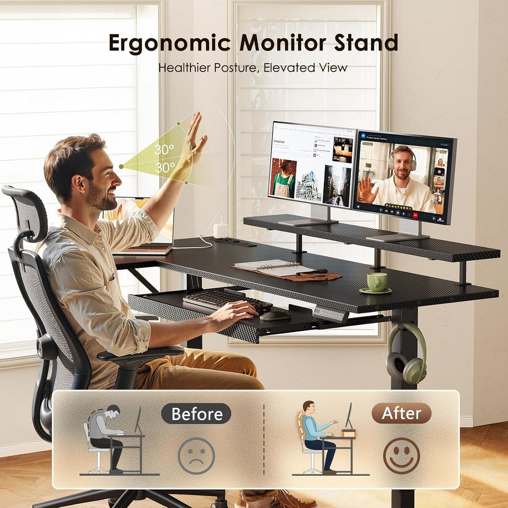 55" Reversible L Shaped Electric Standing Desk, Carbon Fiber Black | Monitor Stand, Keyboard Tray, Power Outlets, 3