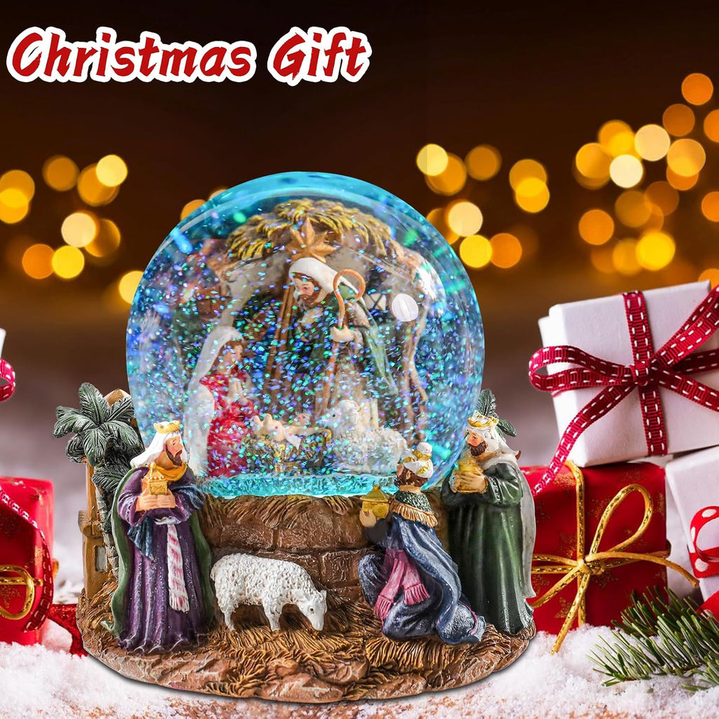 Christmas Snow Globe, Musical Nativity Snow Globes Color Changing Swirling Glitter Battery Operated Jesus Lighted
