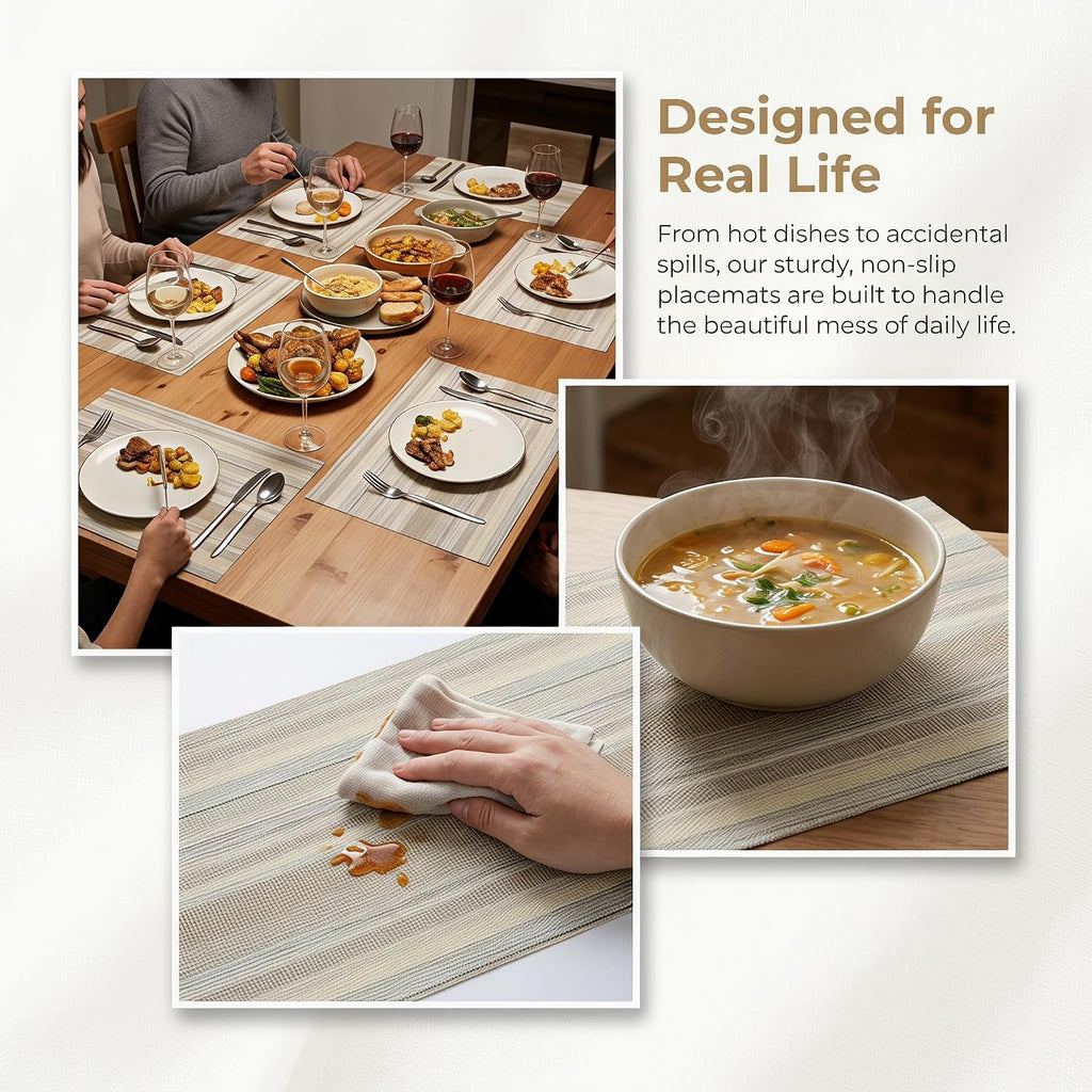 Textile Placemats - Heat Resistant Non-Slip Wipeable Place Mats for Party/Indoor/Outdoor Kitchen Dining - Set of 6