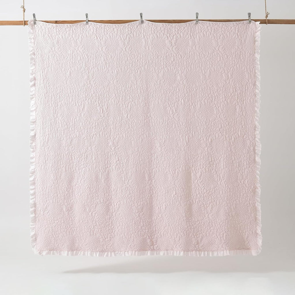 Pink Ruffled Quilt King, Stone-Washed Microfiber Lightweight Crinkled Farmhouse Rustic Shabby Chic Bedding Set, 3