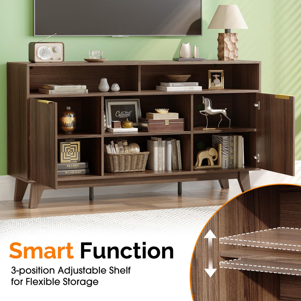 58" Fluted TV Stand with 4 Shelves and 2 Cabinets, Rustic Brown