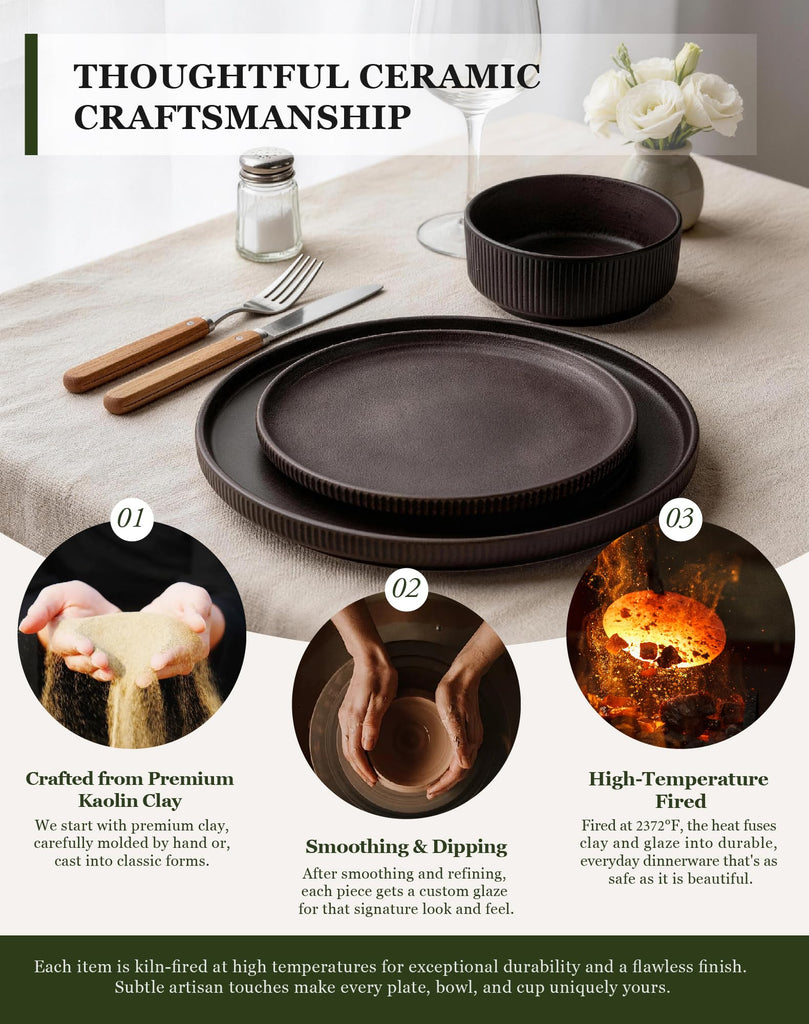 16-Piece Dinnerware Set for 4 with Mugs, Ribbed Stoneware Plates and Bowls Sets, Unique Handcrafted Reactive Glaze