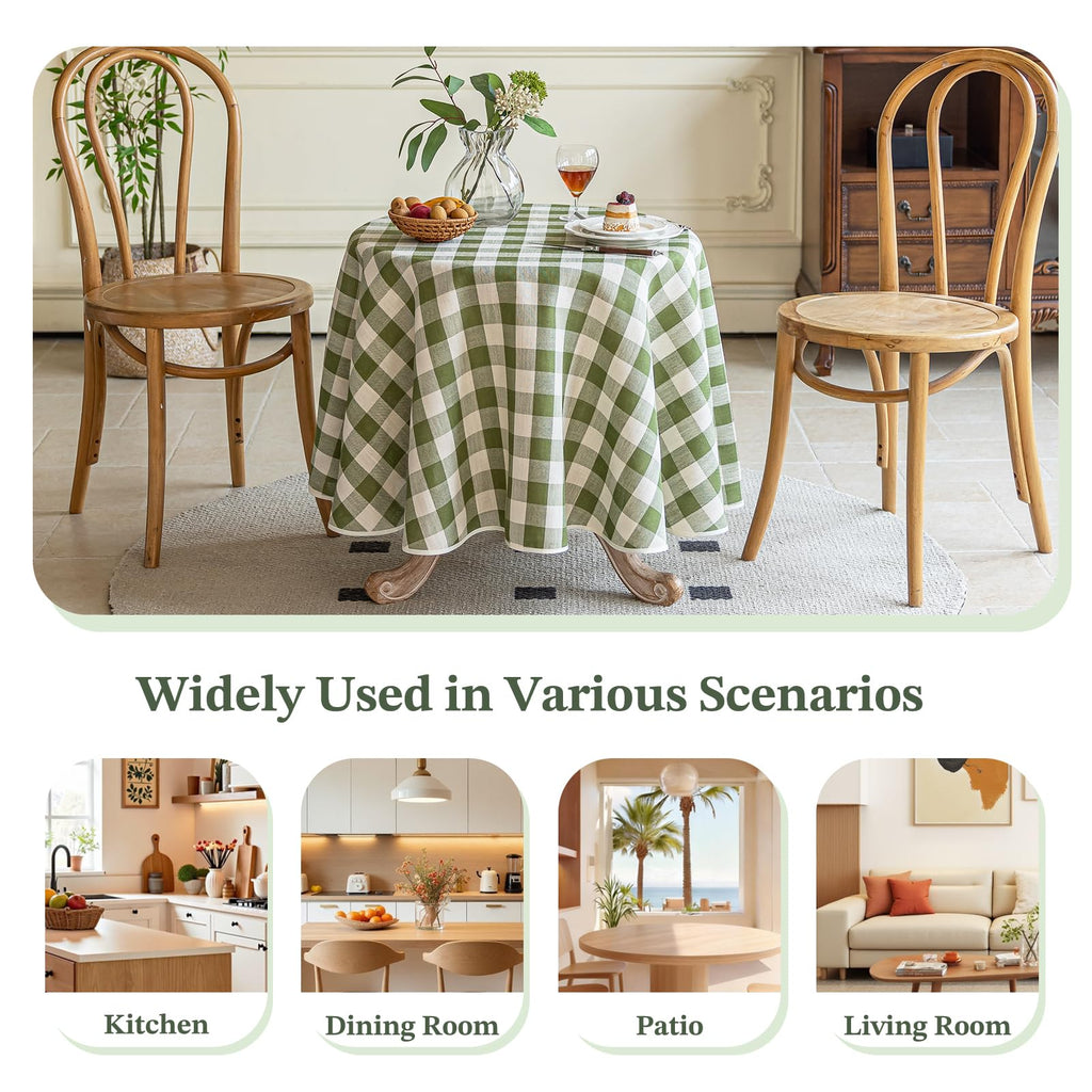 Green Gingham Round Tablecloth 60 Inch, Spring Checkered Circle Table Cloth Washable Wrinkle Free, Cotton Linen