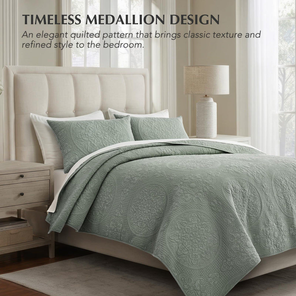 100% Cotton Medallion Stitch Quilt Set, Soft Sea