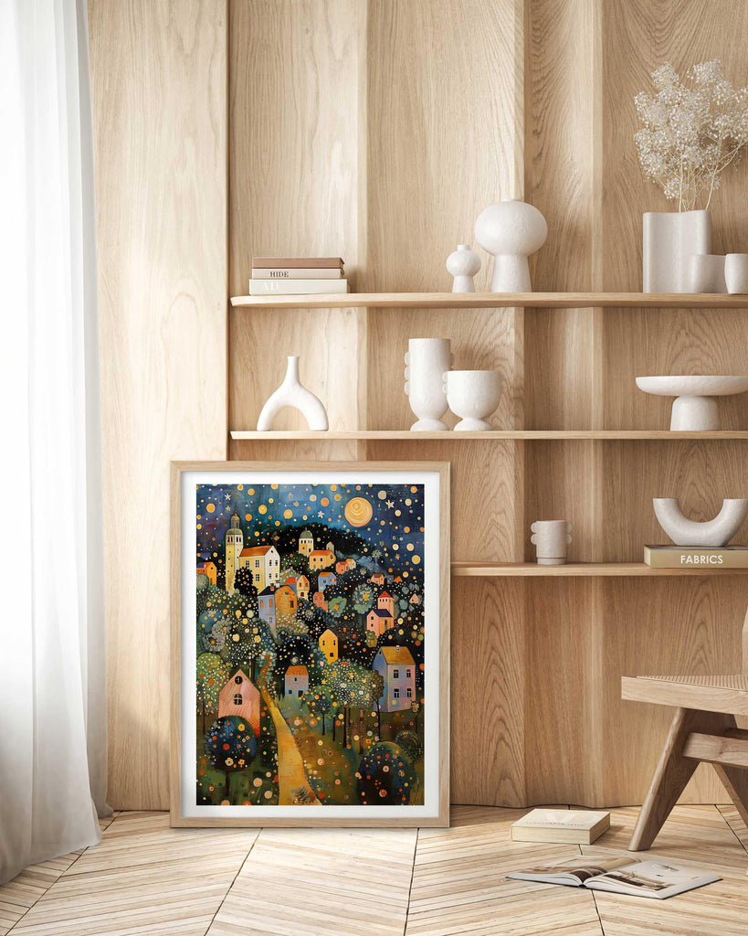 Gustav Klimt Moon Stars Natural OAK Wood Framed Wall Art, 12x16in