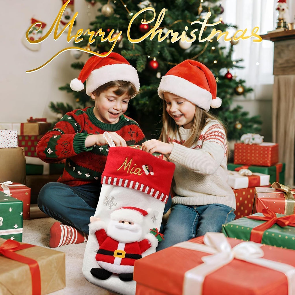 With Embroidered Name & Monogram, 3D Xmas Character Stocking 5 Pack 18" Large,Santa,Snowman & Reindeer Fireplace - Set of 5