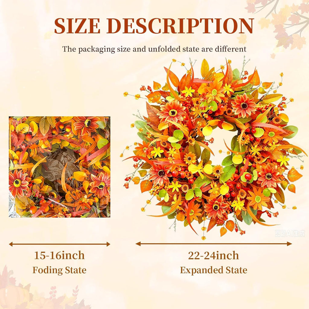 Fall Wreath for Front Door, 24 Inch Autumn Wreath with Berries,Lemon Leaves, Oak Leaves, and Maple Leaves Fall
