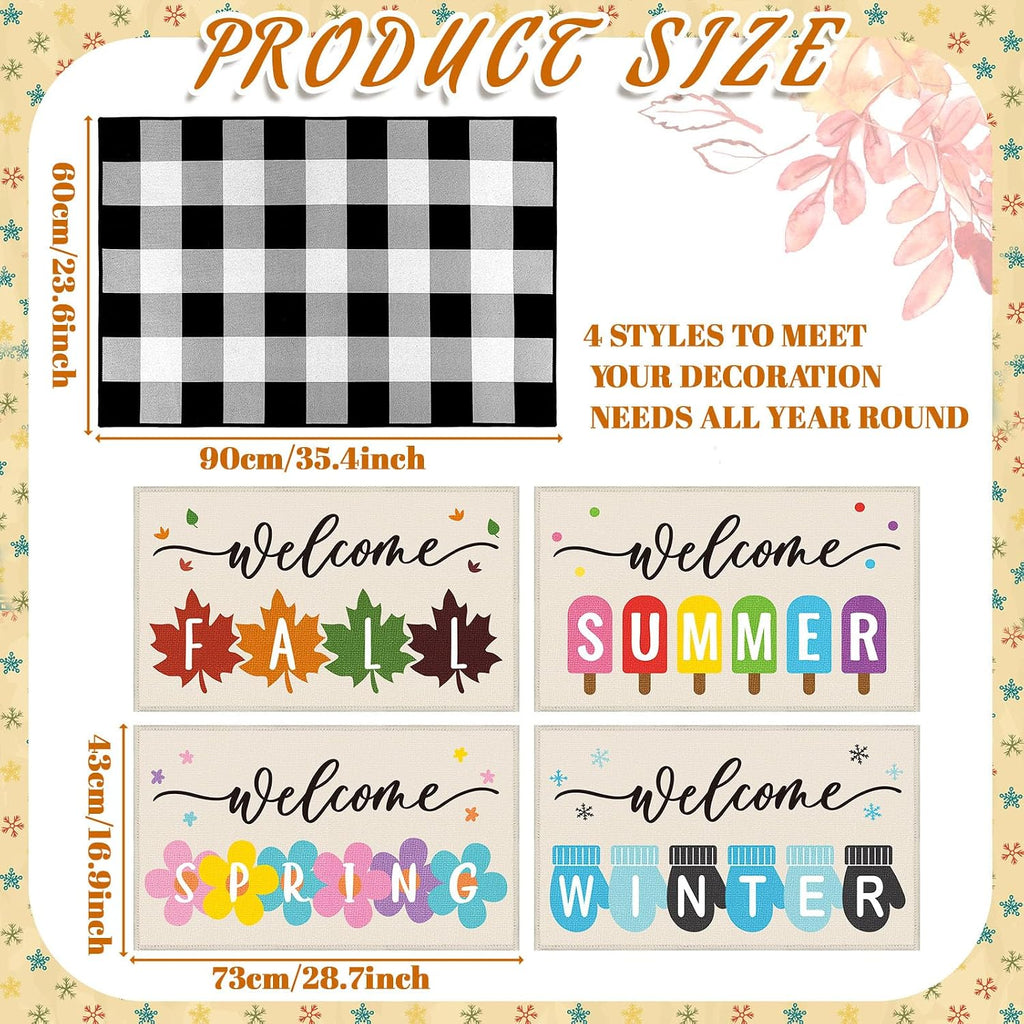 5 Pcs Seasonal Doormat Combo Set, Fall Winter Spring Summer,Cute | Welcome, Non Slip Rubber Backing, Buffalo Plaid