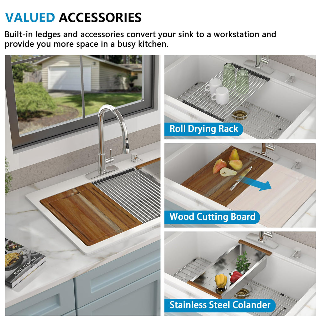 33 Granite Composite Kitchen Sink - 33"x22" Granite Kitchen Sink White Ledge Workstation Drop-In Topmount Quartz