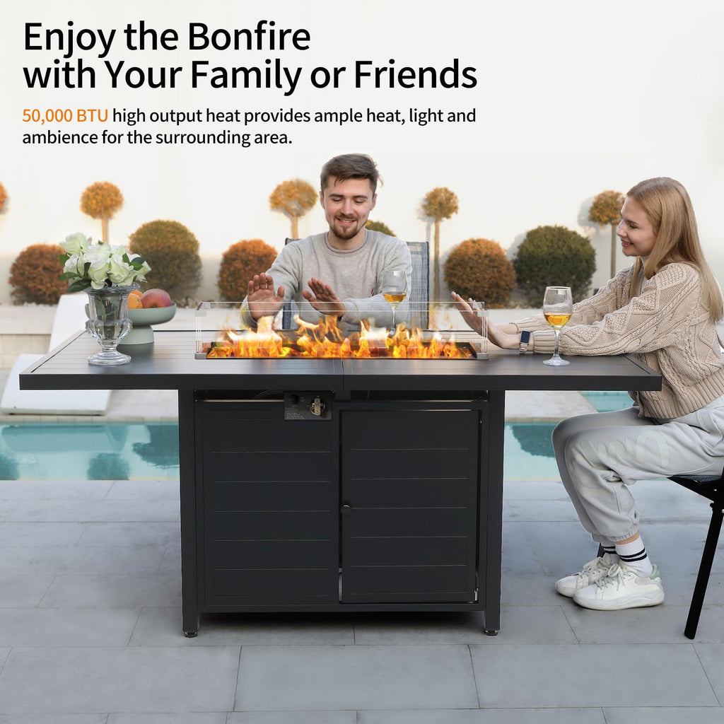 7 Pcs Outdoor Furniture Set w/ 60" Firepit and 6 Pieces Patio Chairs, 50, 000 BTU Aluminum Gas Fire Table and