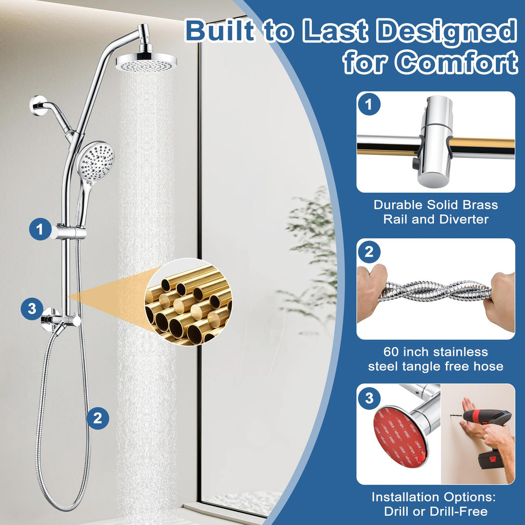 Rain Shower Head with Handheld Combo, Dual Shower System with Slide Bar, Rain Shower System, Adjustable Height, Brass
