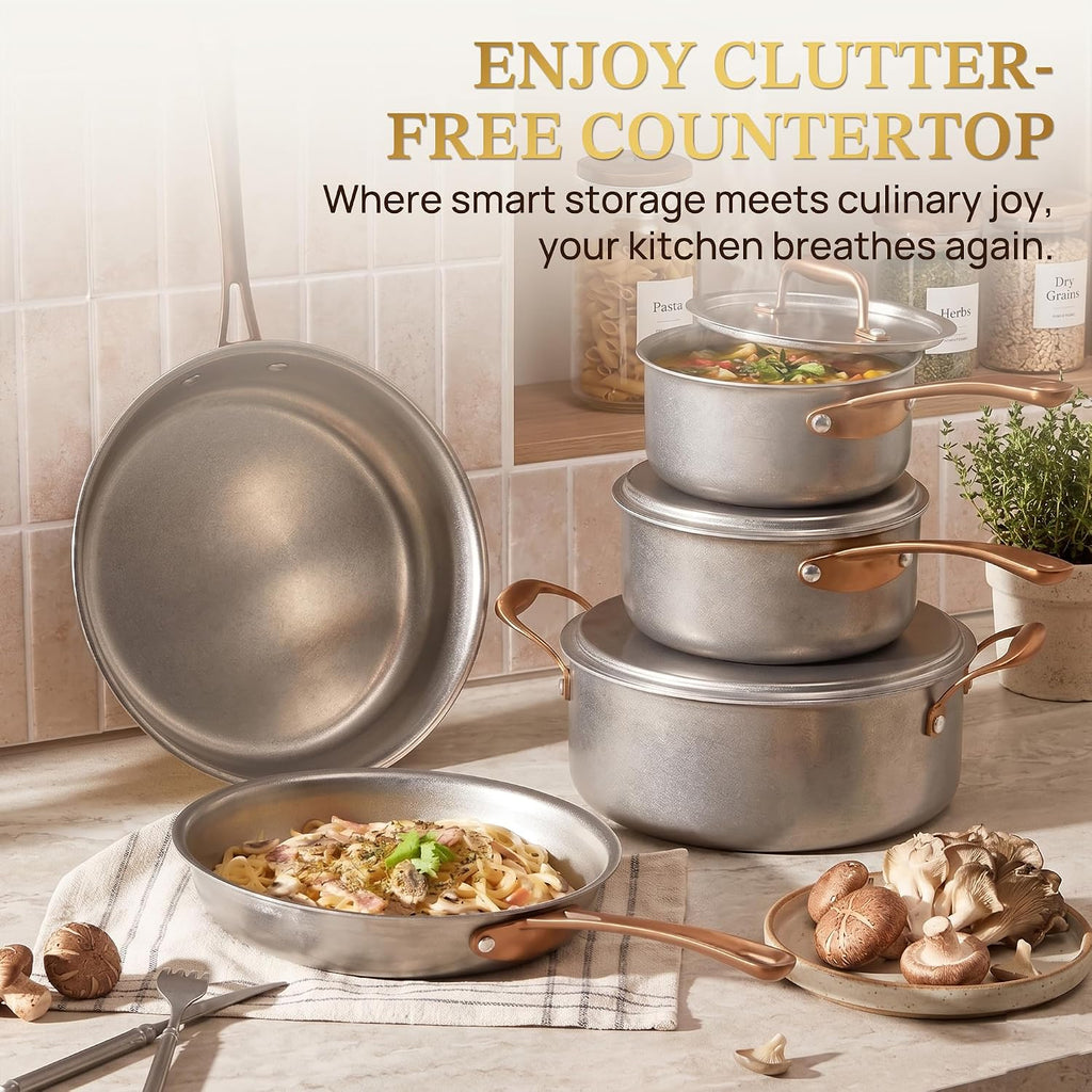 Pots and Pans Set 8 Pcs, Vintage Stainless Steel Cookware Set | Non-Toxic, PFOA/PFOS/PTFE Free, Kitchen Cooking Set