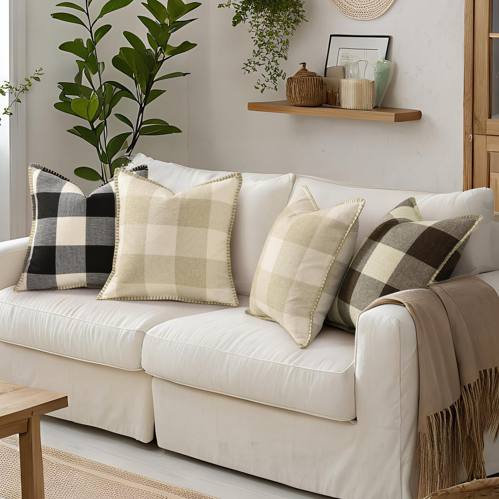 Fall Plaid Linen Throw Pillow Covers 22x22 Set of 2 Black White