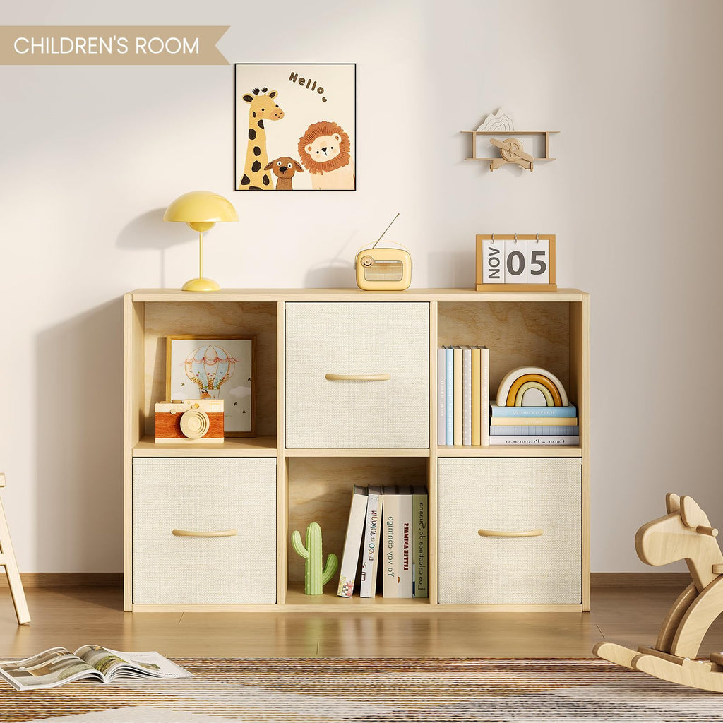 6 Cube Storage Organizer - Solid Wood Bookshelf with 3 Storage Bins, Cube Shelf with 2 Removable Back Panels