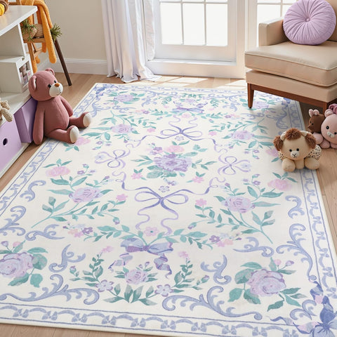 Purple Rugs for Bedroom Girls, 4x6 Boho Floral Washable Area Rug Non Slip, Soft Indoor Decor Elegant
