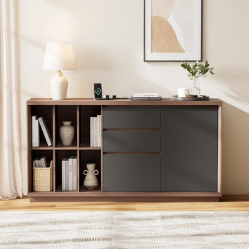 60" File Cabinet with Drawers & Door, Built-in Charging Station | Office Storage Credenza with 6 Open Cubes