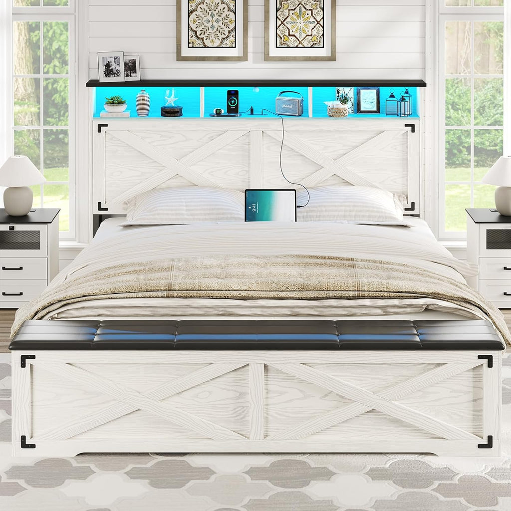 Farmhouse Queen Bed Frame with Storage Headboard, Charging Station and LED Lights Wood Platform Bed Frame Queen with