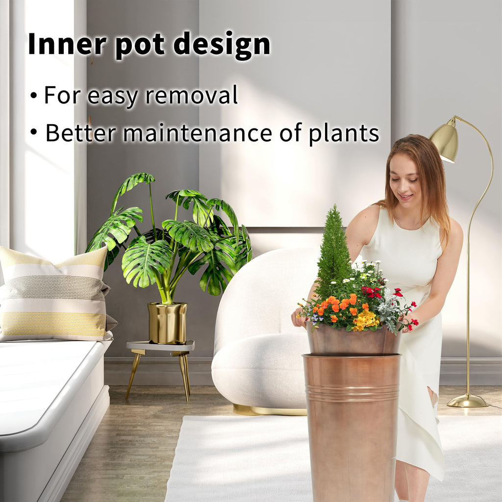 25'' Tall Galvanized Steel Planter Pot with Water Level Indicator - 2-Pack Self Watering Planters Flower Pot for