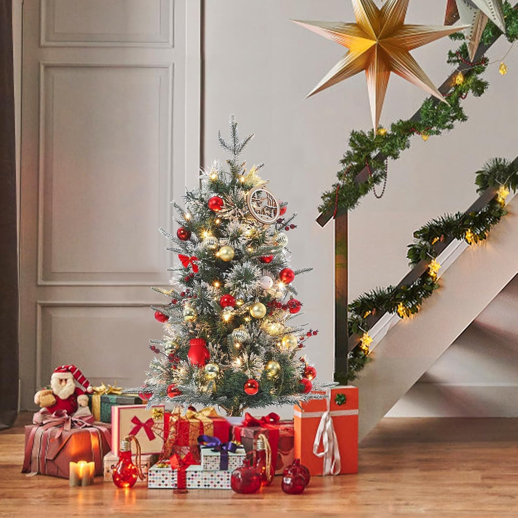 Pre-Lit Artificial Mini Christmas Tree, 3FT Small Flocked Christmas Tree