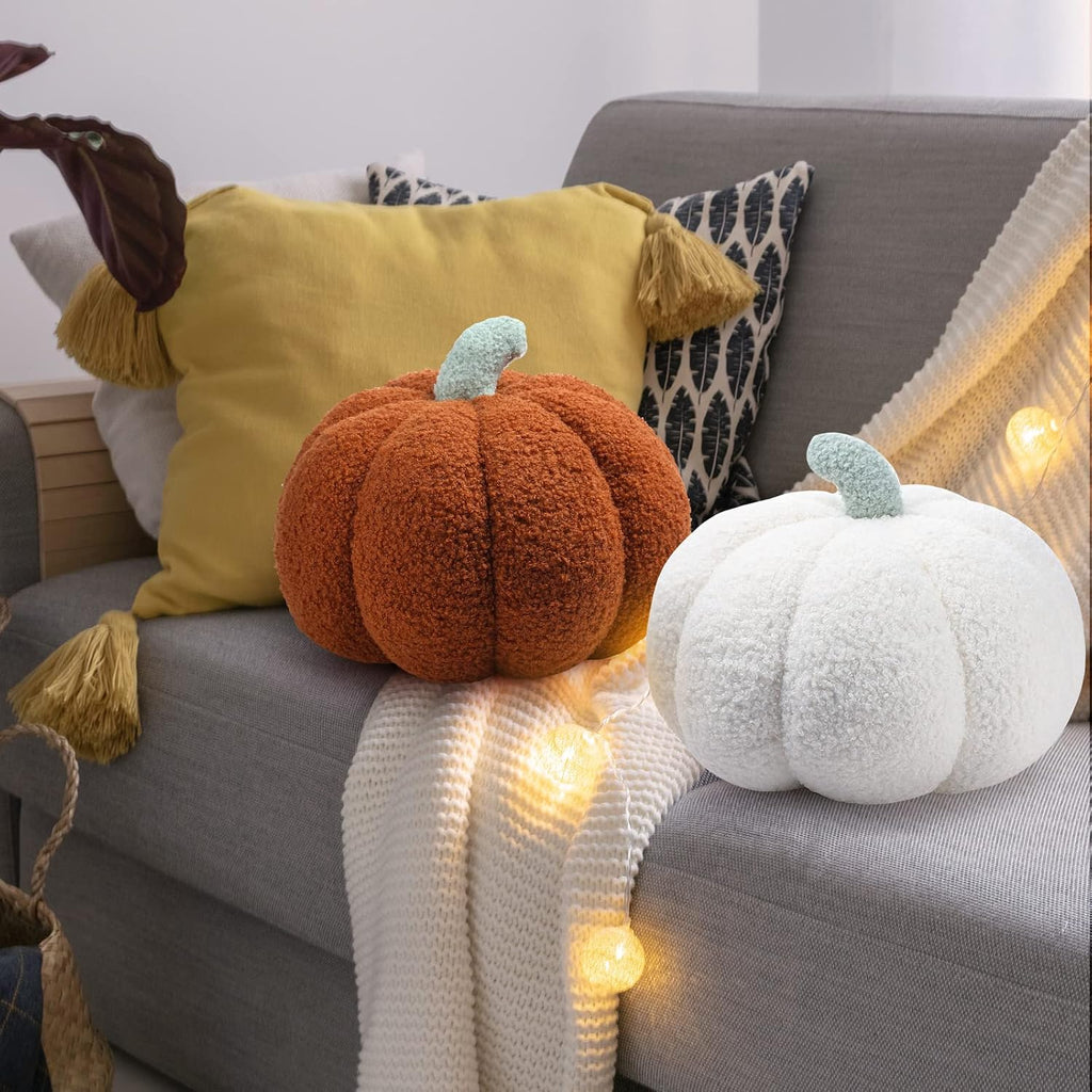 3D Pumpkin Pillow Fall Decor Cushions,White, Brown - Set of 2