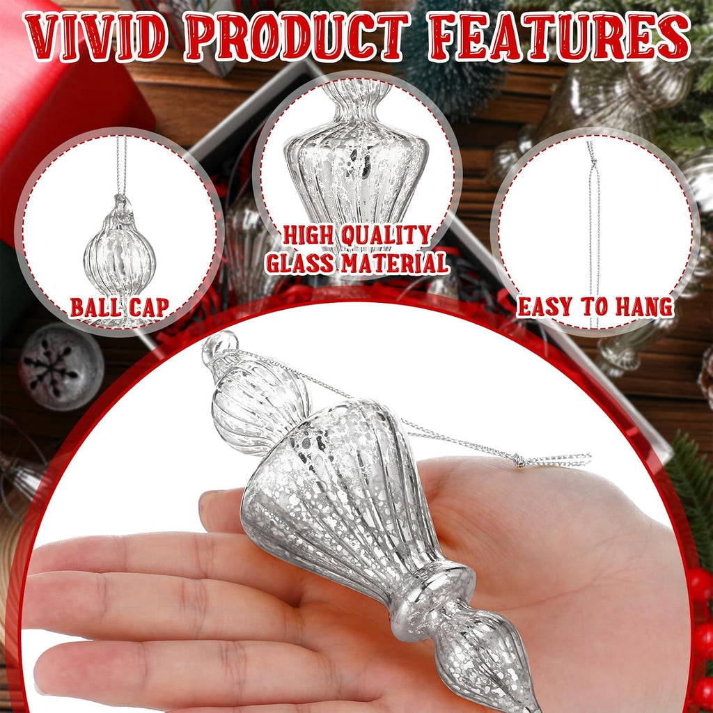 Inch Mercury Glass Finial Christmas Ornaments, Silver - Set of 8