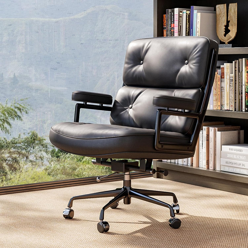 Home with Top Grain Leather, Padded Armrests, Mid-Back Upholstered Executive Leather Desk Chair, Aluminum Frame