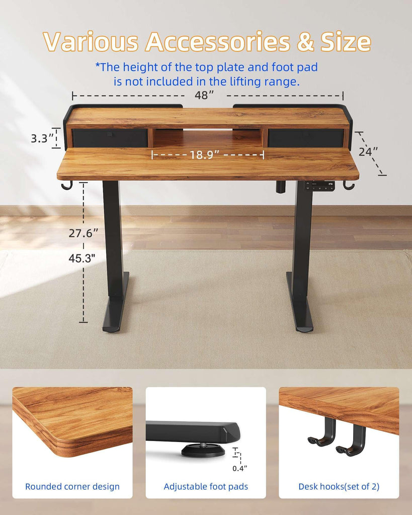 Electric Standing Desk with Drawers, 48 x 24 Inches Adjustable Desk with Storage Shelf, Stand Up Desk with Splice