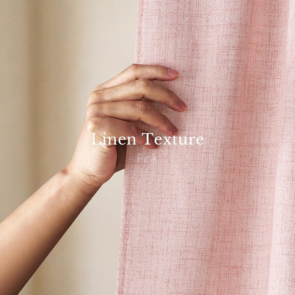 Pink Cafe Curtains for Girls Room, Rod Pocket & Back Tab Light Filtering Faux Linen Short Window Drapes Semi Sheer