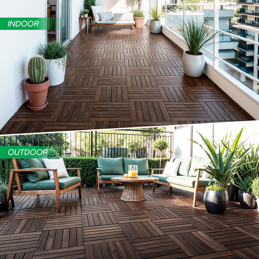 Interlocking Deck Tiles 9.6 SQFT - 10PCS Waterproof Acacia Wood Patio Tiles, Flooring Tiles for Indoor and Outdoor