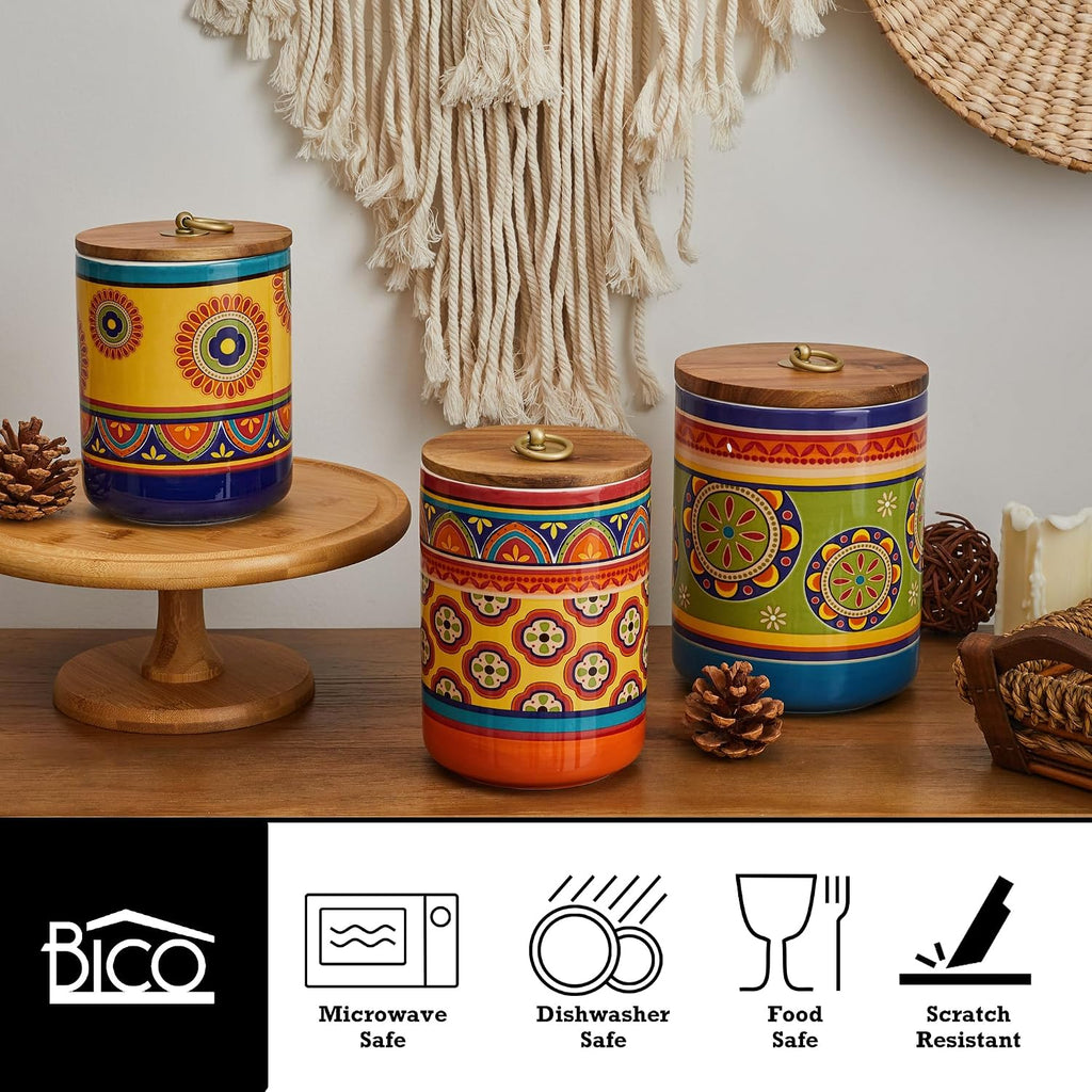 Tunisian Ceramic Canister Counter, 62oz, 40oz, 32oz each, with Wooden Air Tight Lid, Food Storage Jar - Set of 3