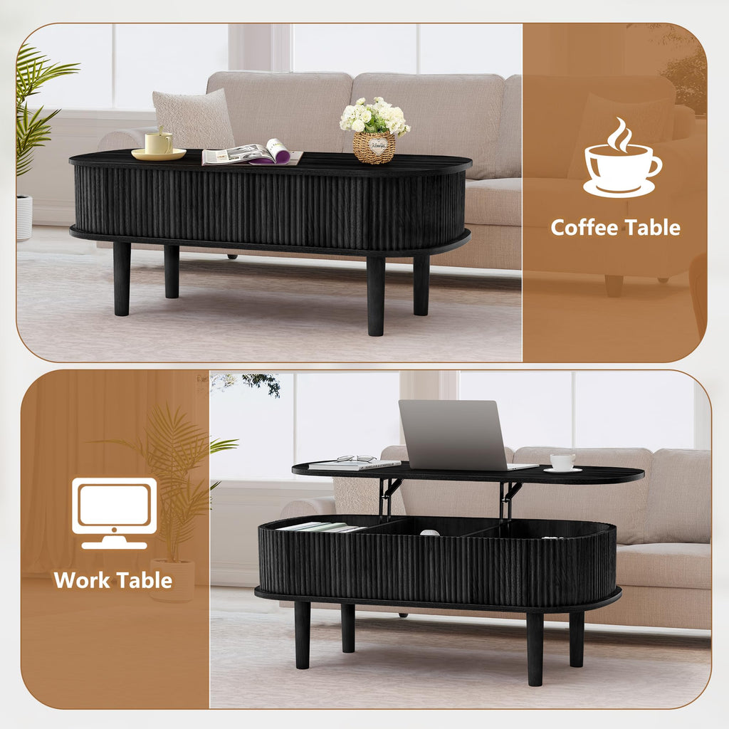 Fully Assembled Fluted Lift Top with Hidden Compartment, Wooden Center Table, Modern Oval Lift Tabletop Living Room