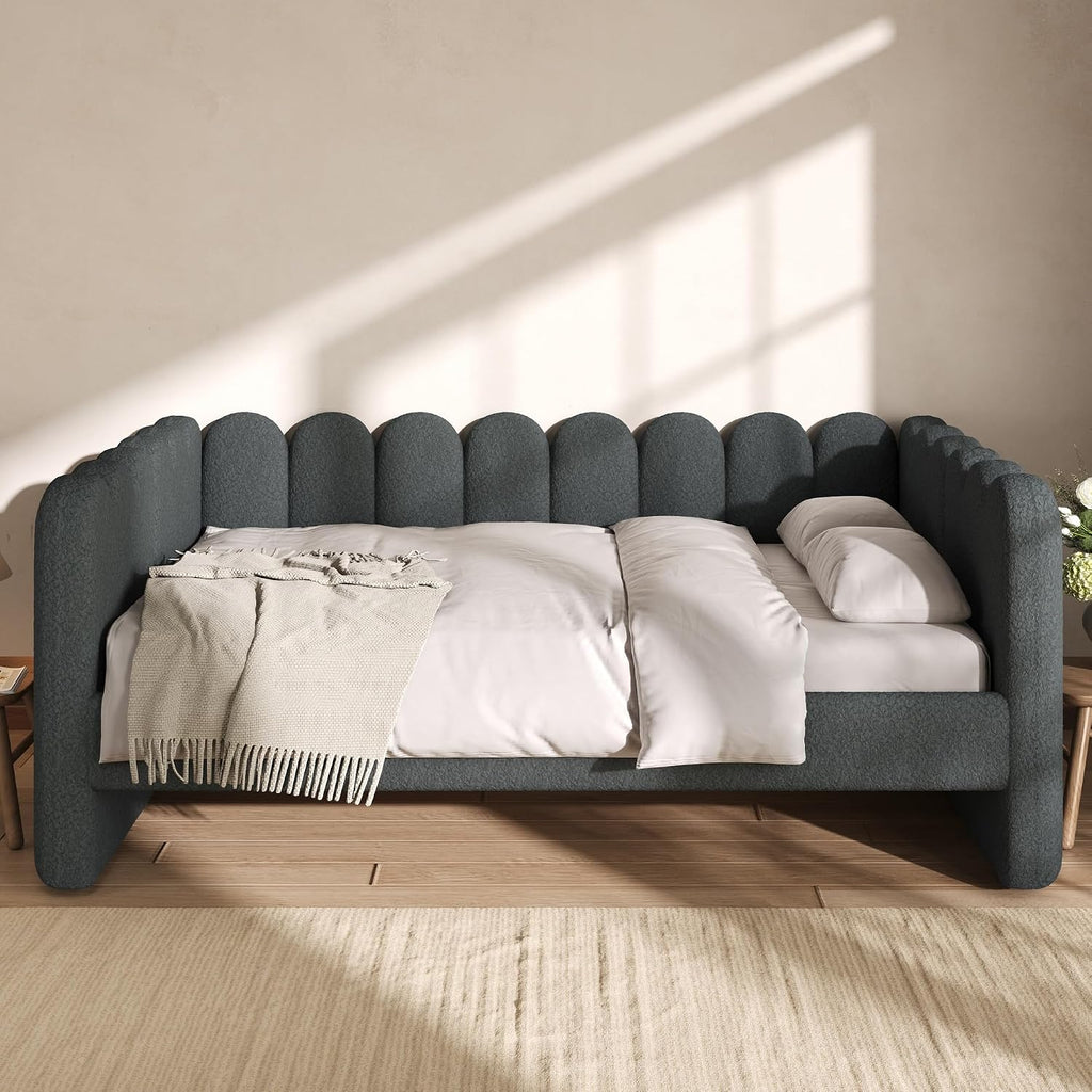 Queen Size Daybed Frame, Queen Day Bed Frame Fleece Upholstered Platform Bed with Wood Slats Support , Easy Assembly
