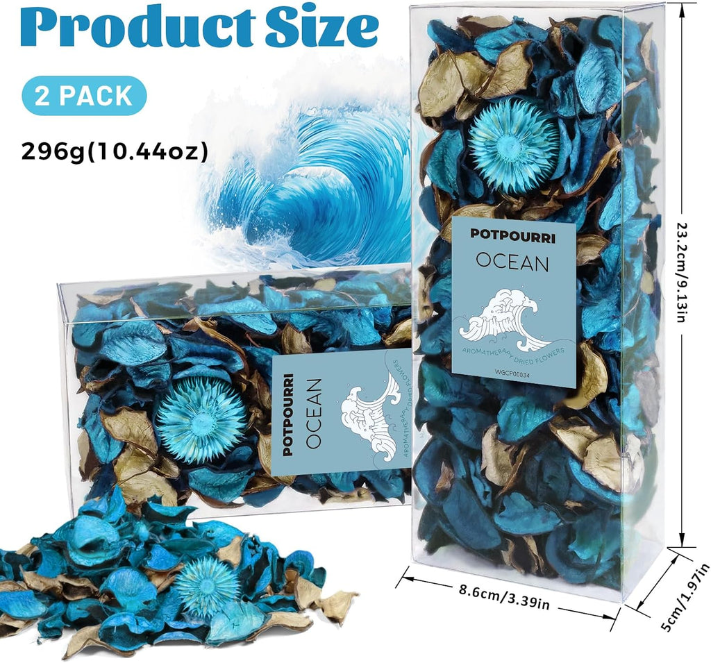 Potpourri Bowl Filler with Essential Oil, Ocean Scent Dried Flower Bag - Set of 2