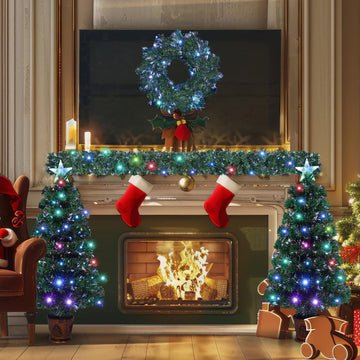 Pre-lit Artificial Christmas Tree 4-Piece Set,Optical Fiber Christmas Garland, Wreath and Set of 2 Pcs 3ft Entrance