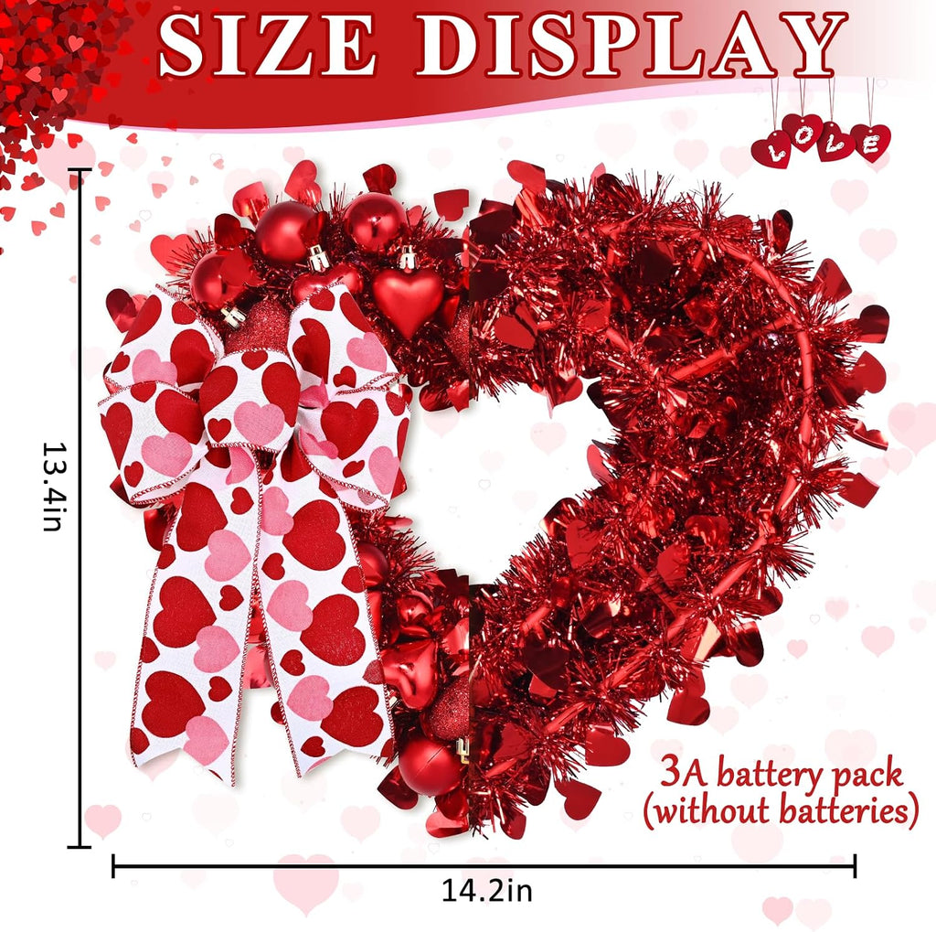 14.2'' Valentines Day Wreath, Heart Wreaths for Front Door, Red Valentine Wreath Decorations with Bowknot Lights