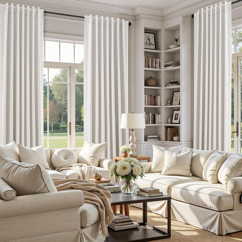 100% Blackout Linen 108 Inch Curtains for Bedroom Cream Black Out Curtain for Living Room Thermal Insulated Farmhouse