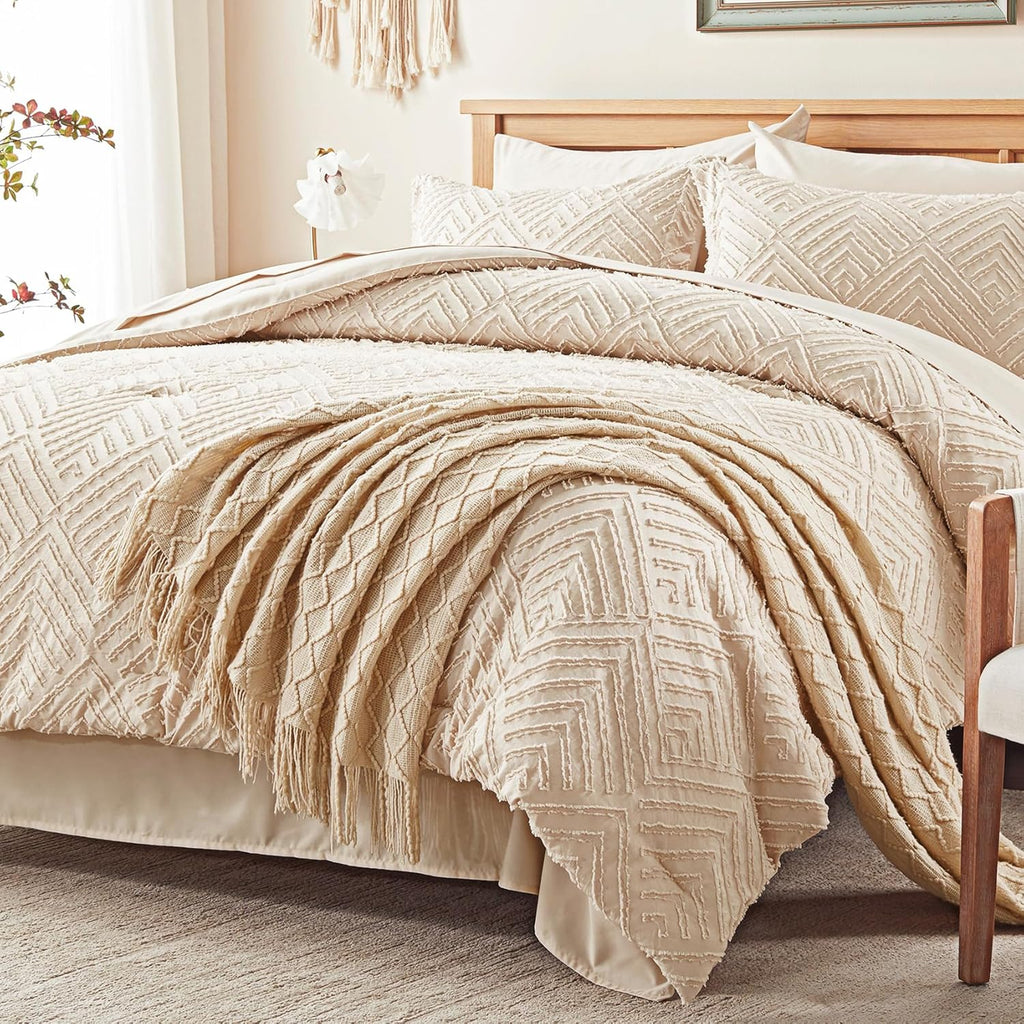 King Comforter Set 7 Pieces, Beige Tufted Bed in a Bag with Comforter and Sheets