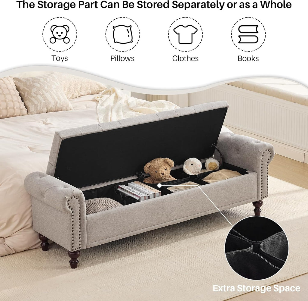 67" Storage Bench , Linen Upholstered, Light Brown | King Size End of Bedroom Bed Bench Ottoman with Tufted Cushioned