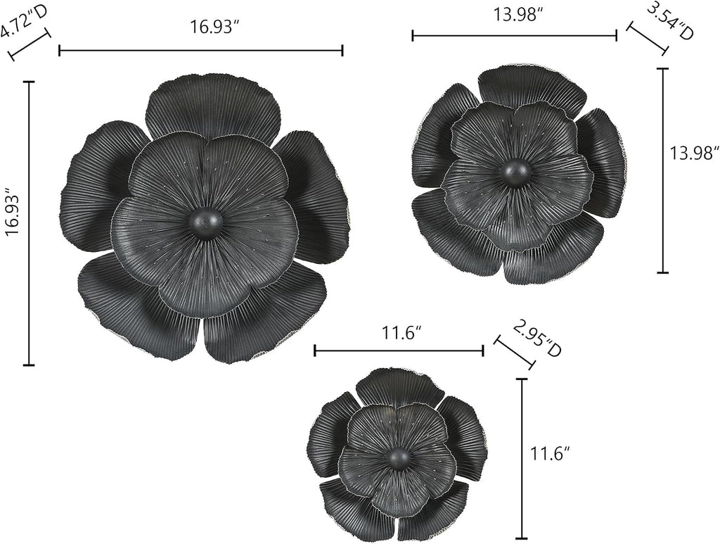 Handmade 3D Metal Flowers Wall Decor Metal Wall Hanging Sculptures Home Decor Floral Art Dark Gray - Set of 3